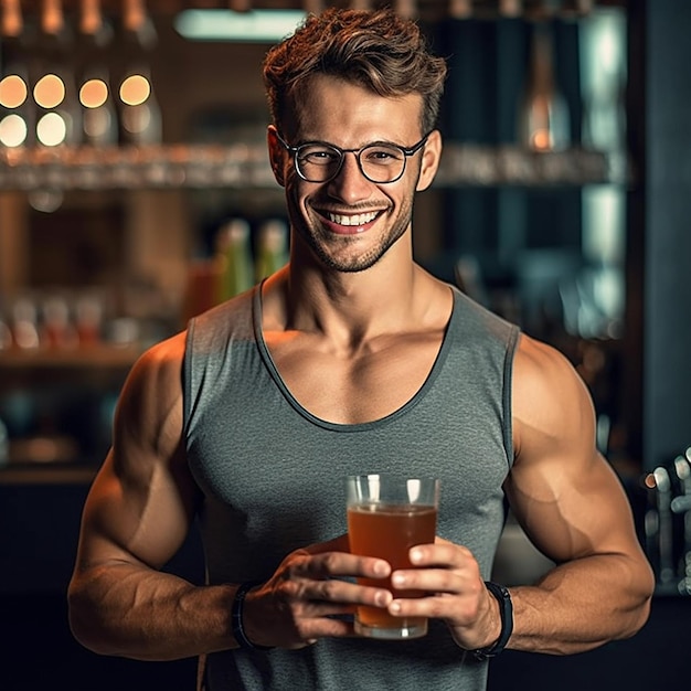 Een man met een tanktop die een glas bier vasthoudt