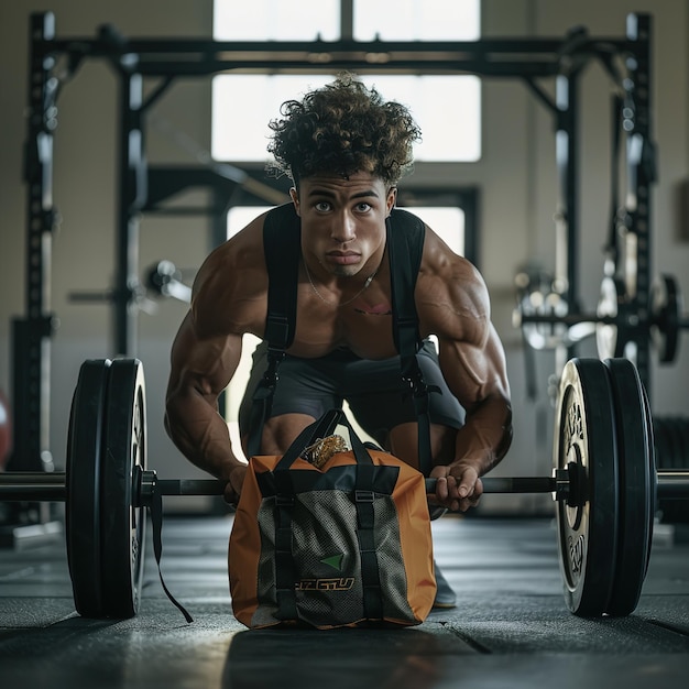 Een man met een tas met gym op de rug.