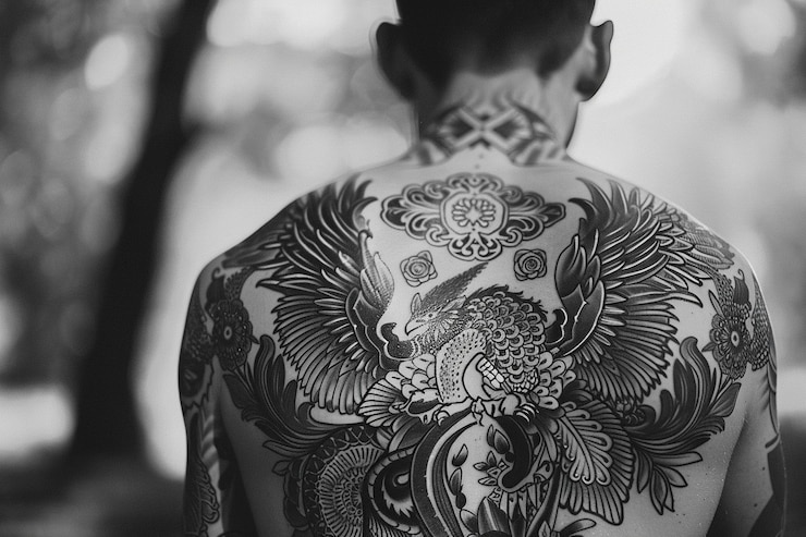 Foto een man met een tatoeage op zijn rug is bedekt met geometrische ontwerpen