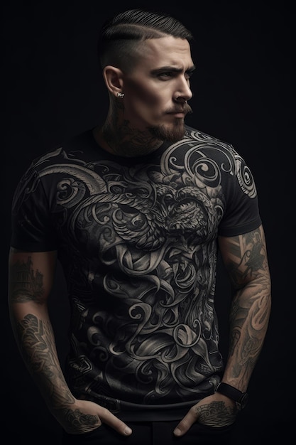 Een man met een tatoeage op zijn shirt