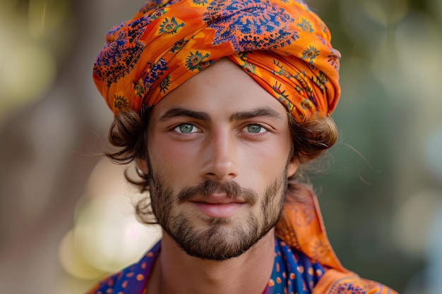 Foto een man met een turban en een baard die een blauw en oranje shirt draagt en een rode en blauwe sjaal perfect