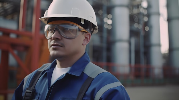 Een man met een veiligheidshelm en een veiligheidsbril staat voor een groot industrieel gebouw.