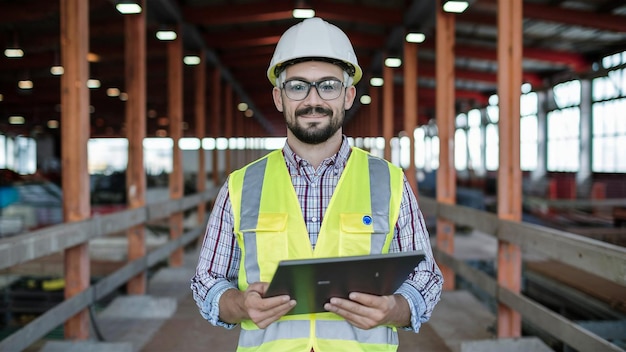 Een man met een vest waarop staat: "Hij houdt een tablet vast".