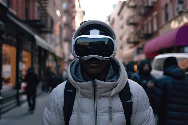 Een man met een virtual reality bril loopt door de stad Nieuwe technologieën concept