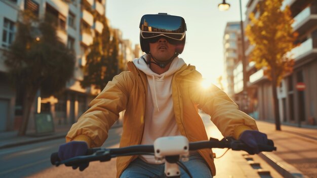 Een man met een virtual reality bril rijdt op een fiets Nieuwe technologieën