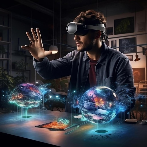 Een man met een virtual reality bril zit aan een tafel met een blauw licht.