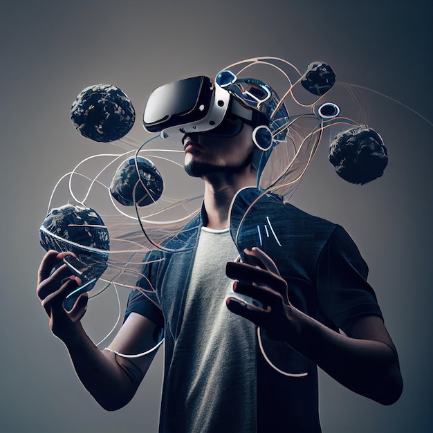 Een man met een virtual reality-headset die een wereldbol vasthoudt en