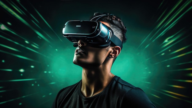 Een man met een virtual reality-headset draagt een zwart shirt en een zwart shirt waarop virtual reality staat.