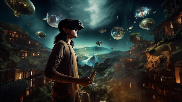 een man met een virtual reality-headset kijkt naar een kaart van het universum.