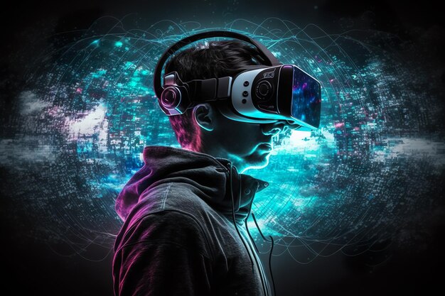 Een man met een virtual reality headset met een neonbord op de achtergrond.