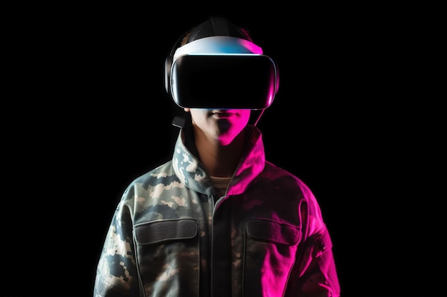een man met een virtual reality-headset met neonlicht geïsoleerd op zwarte achtergrond