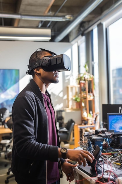 Foto een man met een virtual reality headset speelt een videospel