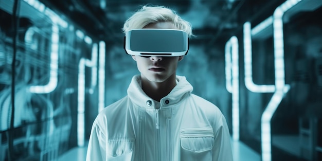 Een man met een virtual reality-headset staat in een donkere kamer.