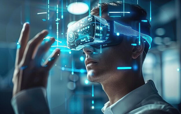 een man met een virtuele realiteitsbril kijkt naar de camera