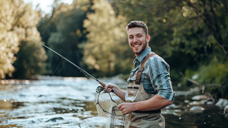 Foto een man met een vis in zijn handen is aan het vissen in een rivier