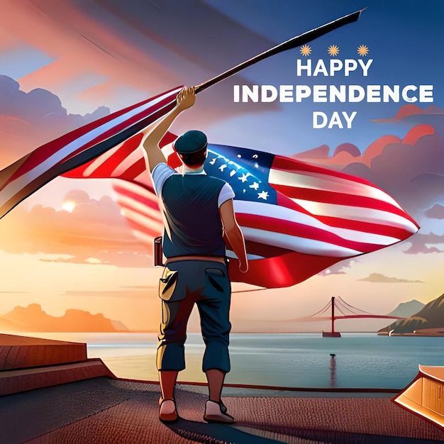 Een man met een vlag die gelukkige onafhankelijkheidsdag zegt Amerikaanse onafhankelijkheidsdag