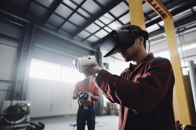 Een man met een vr-headset kijkt naar een camera terwijl hij een rood shirt draagt.