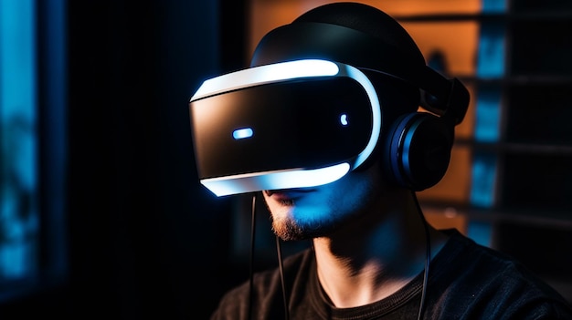 Een man met een vr-headset met een blauw lampje aan.