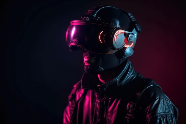 Een man met een vrhelm op zijn hoofd observeert de ruimte van virtual reality op een donkere achtergrond