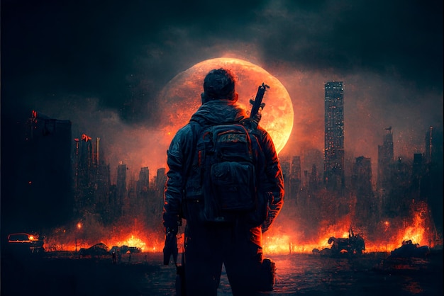 Een man met een wapen staat op en kijkt naar de ruïnes van zijn eigen stad na de apocalyps