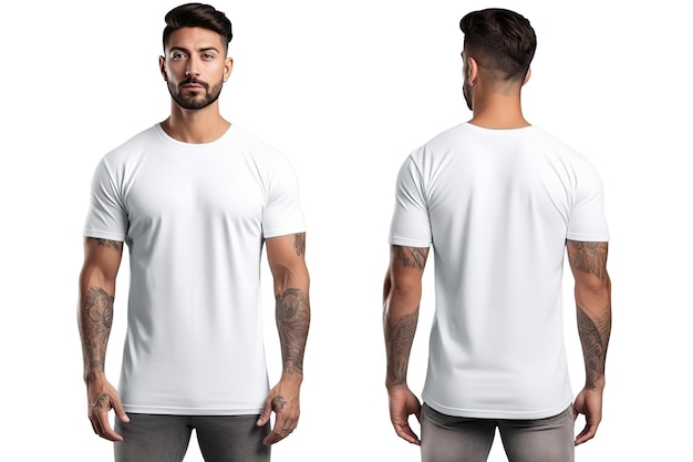 een man met een wit t-shirt op een witte achtergrond met de voorkant en achterkant van het t-shirtmodel