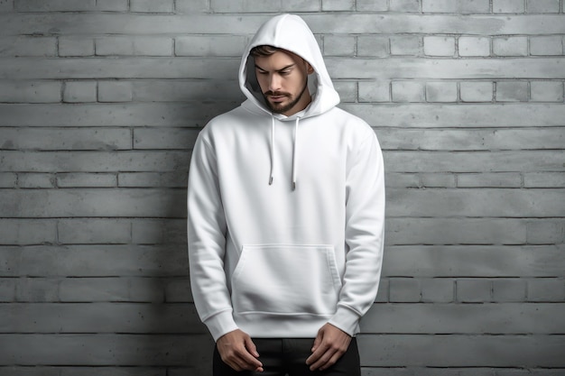 Een man met een witte hoodie staat voor een grijze bakstenen muur.