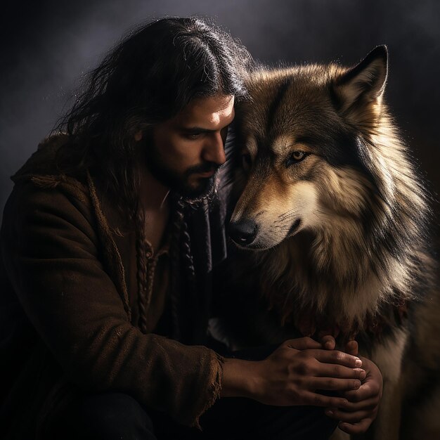 Foto een man met een wolf.