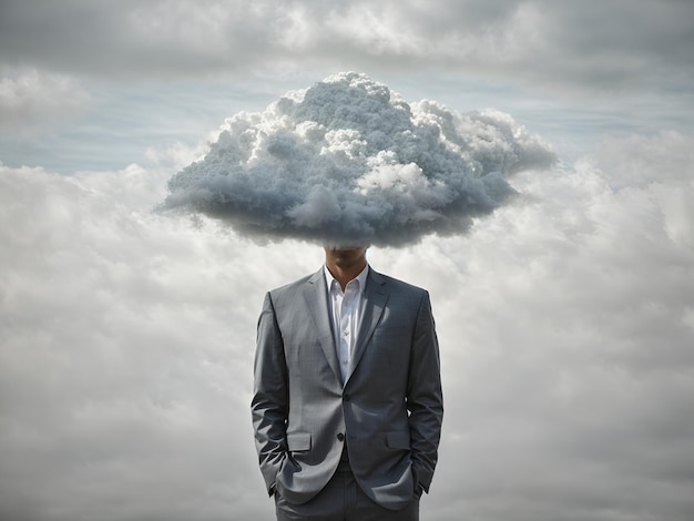 Een man met een wolk over zijn hoofd.