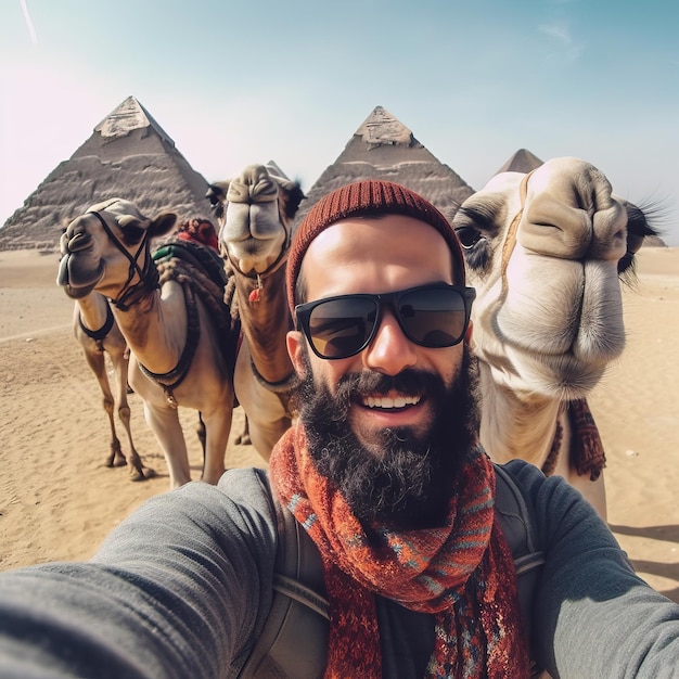 Een man met een zonnebril en een baard poseert met kamelen
