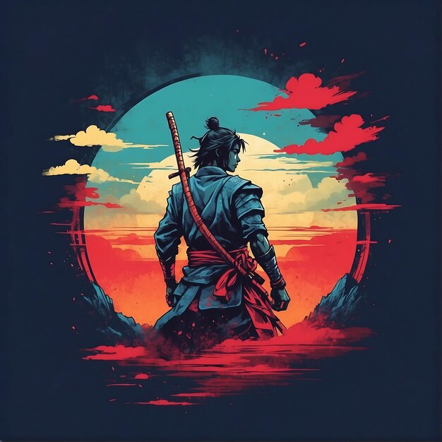 Een man met een zwaard staat voor een zonsondergang samurai man zwerver ai gegenereerd
