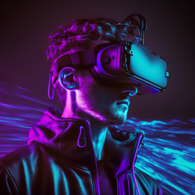 Een man met een zwart leren jack en een neonpaarse virtual reality-bril.