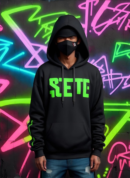 Foto een man met een zwarte hoodie met neonletters erop