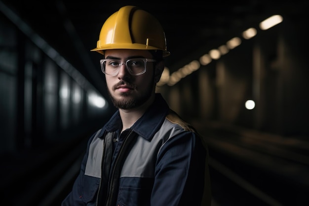 Een man met gele helm en bril met donkere zwarte achtergrond