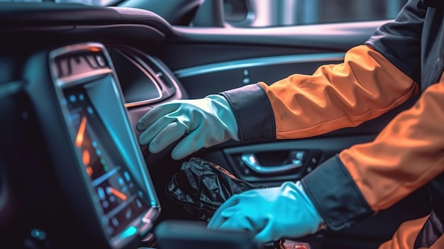 Een man met handschoenen die cellen vasthoudt voor een elektrische auto Generatieve Ai