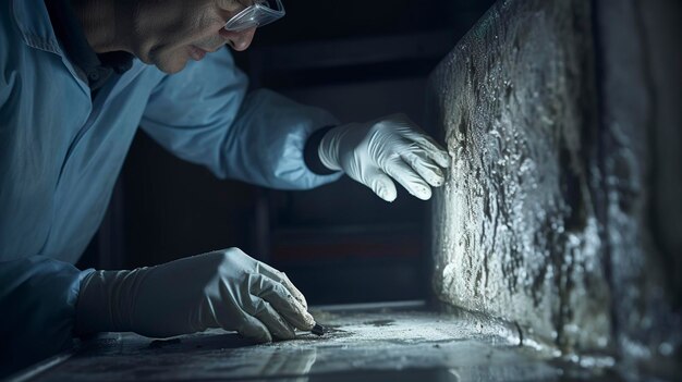 een man met handschoenen gebruikt een gereedschap om een stuk beton te snijden