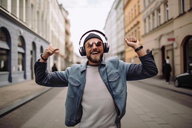 Een man met koptelefoon danst op straat.