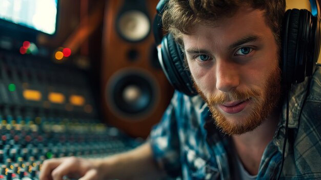 Een man met koptelefoon zit voor een geluidsbord in een opnamestudio