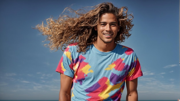 Een man met lang haar die op het strand staat.