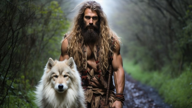 Een man met lang haar en baard die een hond vasthoudt