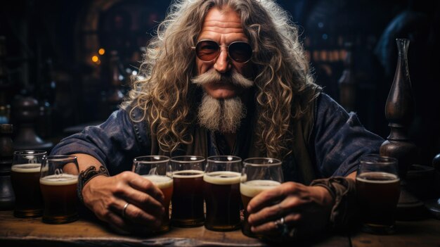 Foto een man met lang haar en een bril die glazen bier vasthoudt.