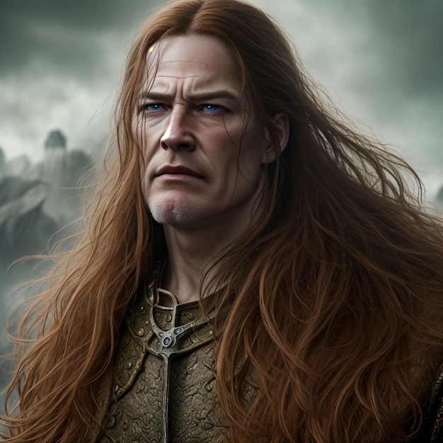 Een man met lang rood haar en blauwe ogen staat voor bergen.