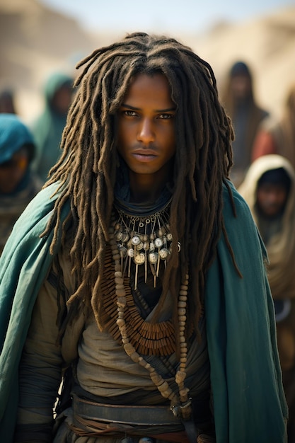 een man met lange dreadlocks en een groene cape