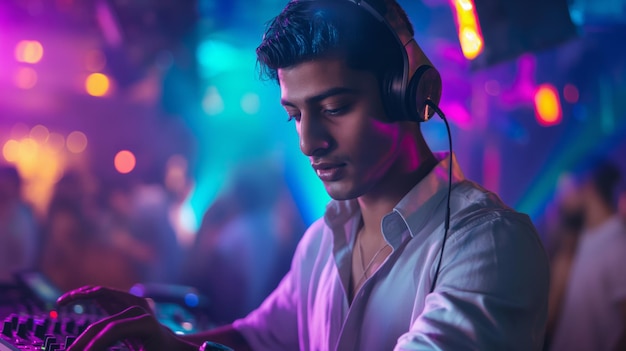 Een man met paarse koptelefoon vermaakt de menigte met muziek in een club