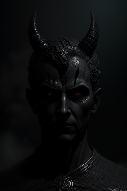 Een man met rode ogen en een duivelsgezicht is in het donker.
