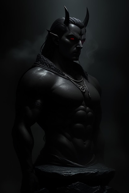 Een man met rode ogen en een zwart lichaam met een zilveren ring op zijn borst.