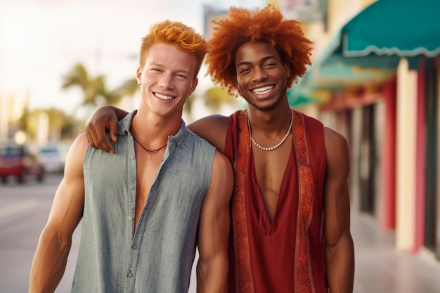 een man met rood haar en een geel shirt poseert met een vriend.