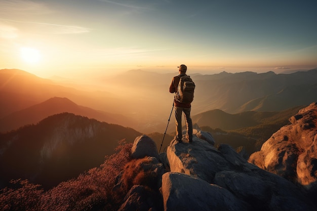 Een man met rugzak op de top van de klif met uitzicht op de bergen tijdens zonsondergang Generatieve ai