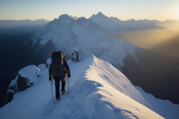 Een man met rugzak op de top van de klif met uitzicht op de besneeuwde bergen tijdens zonsondergang Generatieve ai