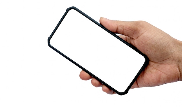 Een man met smartphone met leeg scherm op witte achtergrond, close-up van de hand. Ruimte voor tekst