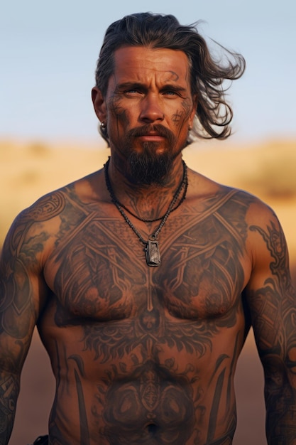 Een man met tatoeages op zijn borst en armen staat in de woestijn.